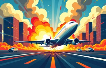 Airplane crashes onto city street amid explosions and smoke with emergency vehicles nearby