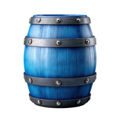 A vibrant blue wooden barrel with metal bands isolated on transparent background