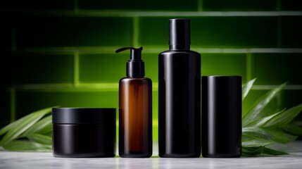 Elegant collection of black cosmetic containers displayed against a vibrant green background. Perfect for skincare or beauty products. A modern style that enhances your brand identity. AI