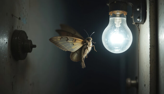 Moth Flying Towards a Bright Light Bulb in the Dark
- Powered by Adobe