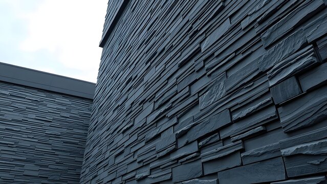 Modern dark gray stone facade with layered textured panels and a clean architectural design