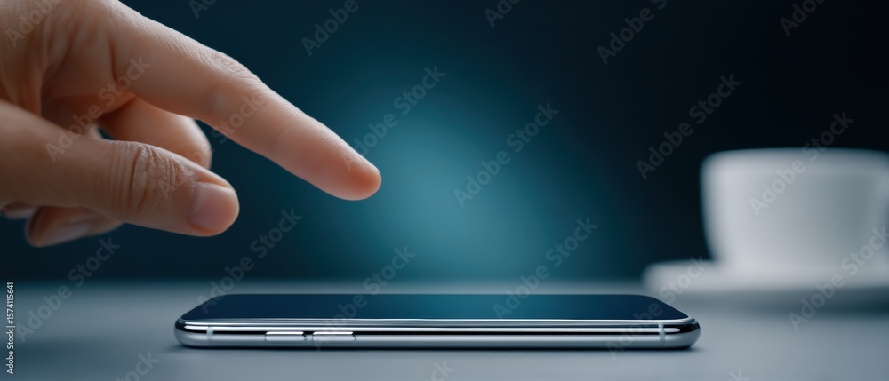 Poster engaging with technology a close-up of a finger touching a smartphone on a table indoor setting mode