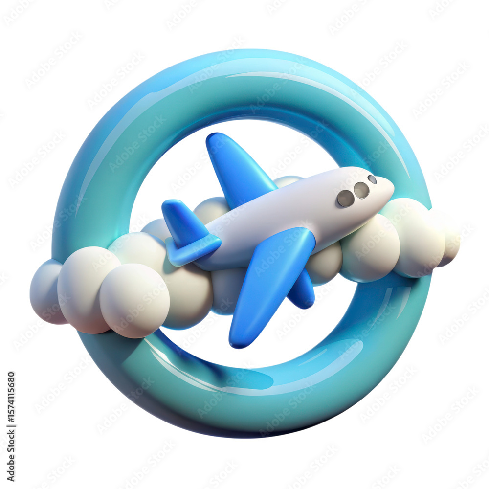 Poster high quality 3d rendering icon of a stylized airplane ascending through puffy clouds within a light 