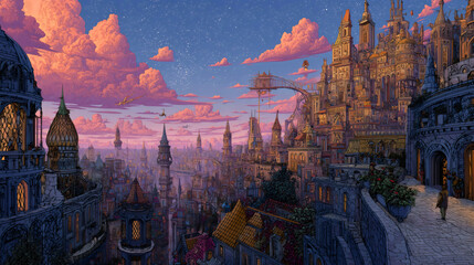 A futuristic cityscape glows with intricate neon lights, its vibrant pink, purple, and blue hues creating a mysterious and other-worldly urban atmosphere at night.