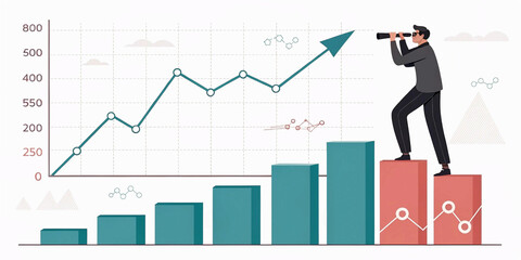 Transparent PNG available
Bar graph and line graph tracking progress and trends. Man on arrow-shaped blocks using search bar 