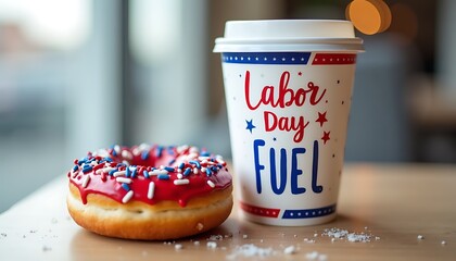Labor Day Treat: A delicious red donut adorned with patriotic sprinkles pairs perfectly with a coffee cup that say labor day fuel for a delightful moment.