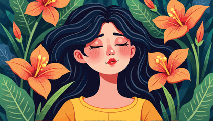 Smiling Woman Surrounded by Tropical Leaves and Blossoms