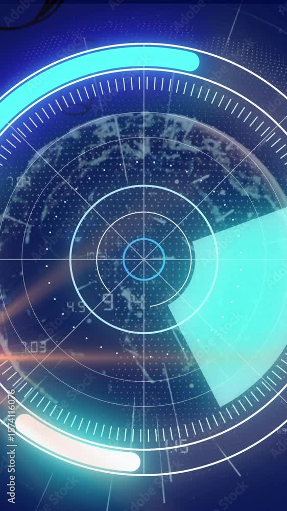 Poster animation of radar rotating over globe graph on dark blue background