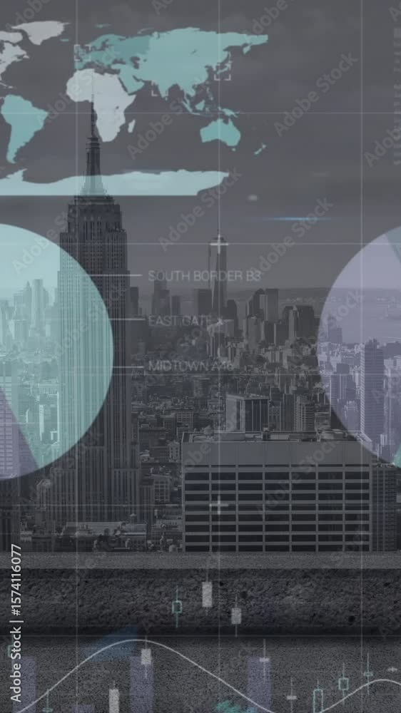 Poster animation of statistical data processing over grid network against aerial view of cityscape