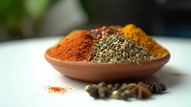 Aromatic spices assortment in bowl for flavoring dishes, food ingredient