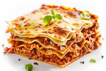 A close-up of a slice of lasagna isolated on a white background