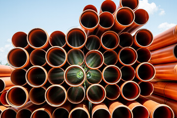 Stack of Orange pipe made of polyvinyl chloride