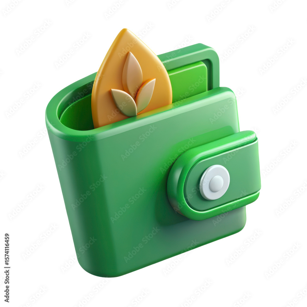 Poster high quality 3d rendering icon showing green wallet and leaf element representing eco friendly finan