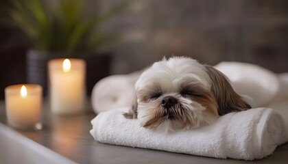 A relaxed dog resting on a towel with candles in a serene environment, epitomizing comfort and tranquility.