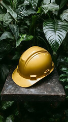 Yellow hard hat rests on dark surface amidst lush green foliage; safety, construction, environment
