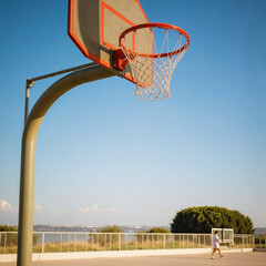 Outdoor Basketball Hoop at Sunset with Player in Background