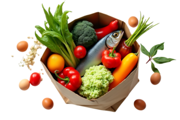 Fresh groceries including fish eggs and vegetables spill from paper bag