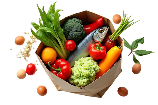Fresh groceries including fish eggs and vegetables spill from paper bag - Powered by Adobe