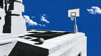 A unique basketball court situated on a rooftop. The scene features a basketball, a hoop, and a clear blue sky. This artistic style blends sports with surreal architecture. AI