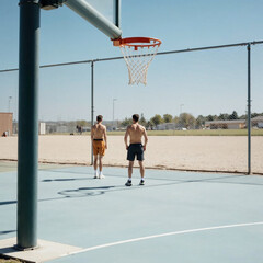 Two Young Men Playing Basketball on Outdoor Court Under Clear Sky