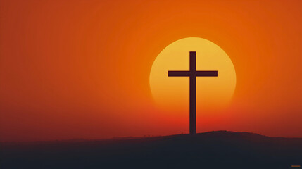 A solitary cross stands in stark silhouette against a vibrant orange and red sky at sunrise or sunset, symbolizing Christian faith, hope, and salvation.