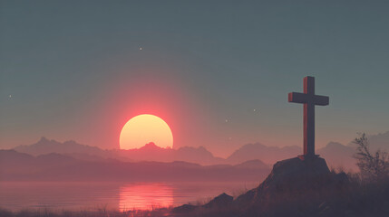 A solitary cross stands in stark silhouette against a vibrant orange and red sky at sunrise or sunset, symbolizing Christian faith, hope, and salvation.