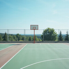 Minimalist Outdoor Basketball Court Under Clear Blue Sky