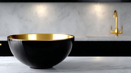 A sleek black bowl with a stunning golden interior rests against a modern kitchen backdrop. This stylish piece is perfect for dining and home decor. Elevate your dining experience. AI