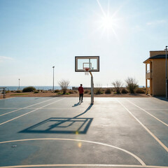 Minimalist Outdoor Basketball Court Under Clear Blue Sky