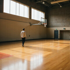 Man Walking on Empty Indoor Basketball Court