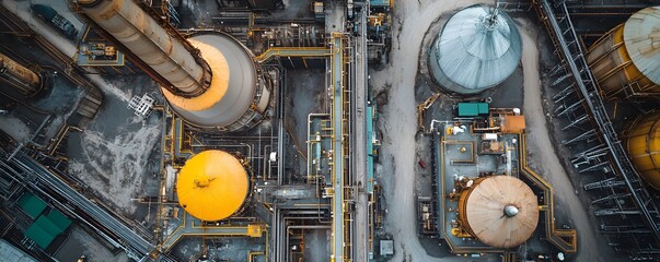 Aerial view of a modern industrial facility showcasing intricate machinery, large tanks, and vibrant colors. This image captures the complexity and scale of industrial processes.