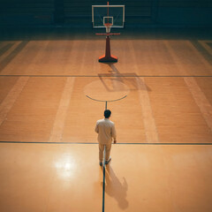 Solitary Figure on Basketball Court Looking Towards Hoop