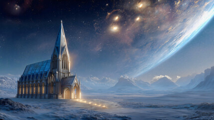 A grand futuristic temple with glowing spires reaches towards a cosmic night sky, its majestic architecture set against a backdrop of distant planets and swirling galaxies.