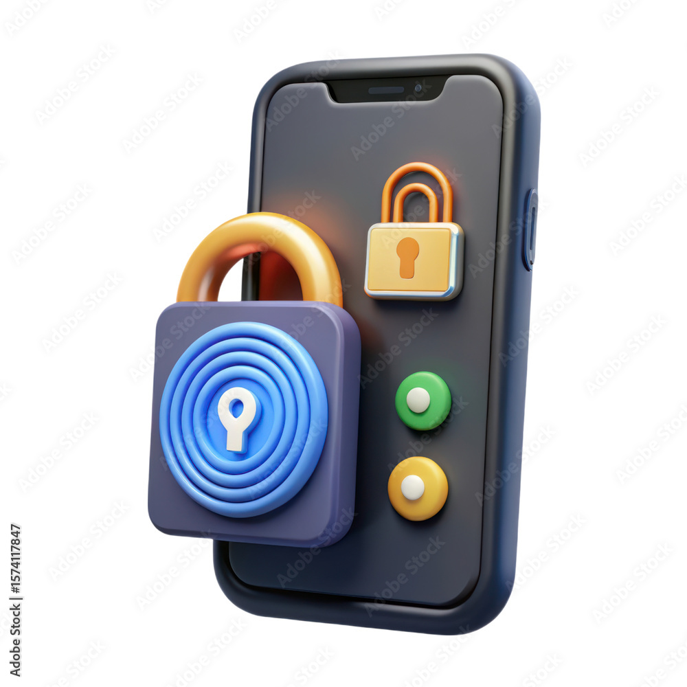 Poster secure mobile protection with padlocks high quality 3d rendering icon and data security and land tra