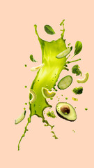 Hand made collage. Avocado halves, cucumber slices, and broccoli fly through green splash against...