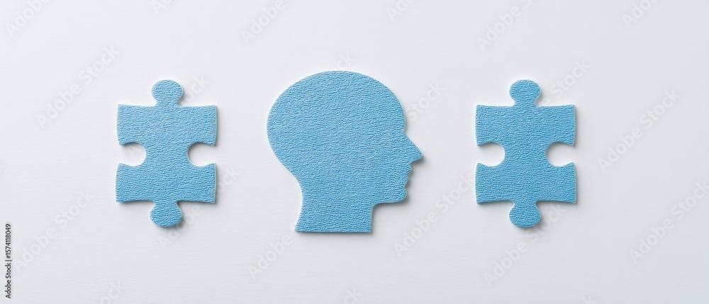 Poster exploring cognitive connections puzzle pieces representing thought processes abstract setting digita