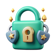Security lock with shield decoration 3d rendering icon and small ornament land transportation isolated on white background decorative style