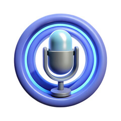 Shiny blue microphone with neon circle high quality 3d rendering icon land transportation isolated on white background podcast recording broadcasting voice audio communication media