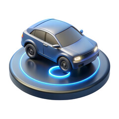 Sleek blue car concept on a glowing platform 3d rendering icon land transportation isolated on white background futuristic design and automotive innovation