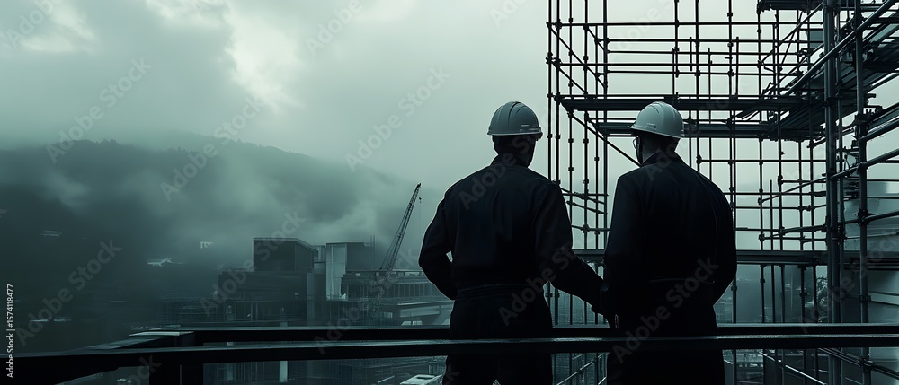 Poster two construction workers observe a building site, discussing safety measures and project progress