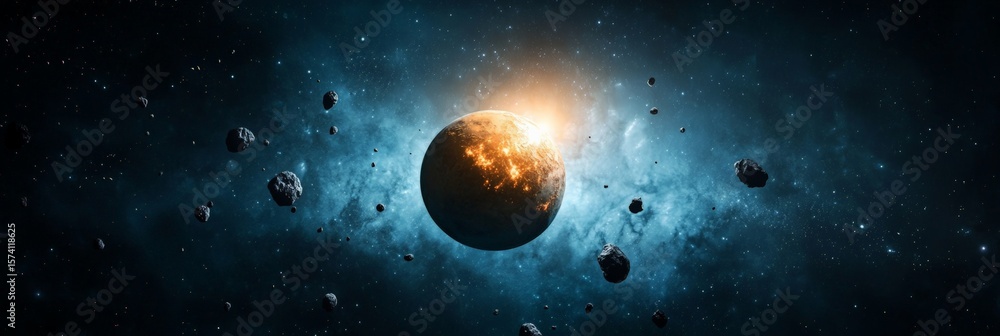 Poster asteroids swirling and colliding with an exploding planet create a breathtaking cosmic spectacle in 