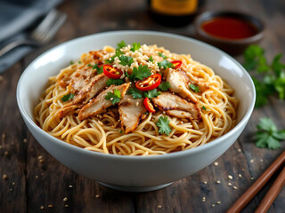 Delicious chicken noodle dish served in a white bowl, topped with fresh herbs, red peppers, and sprinkled nuts on rustic wood.
