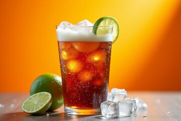 Vaso de refresco de cola con rodaja de limon