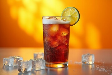 Vaso de refresco de cola con rodaja de limon