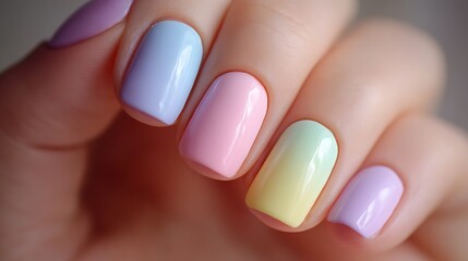 Showing Manicured Hand with Pastel Nail Polish Colors