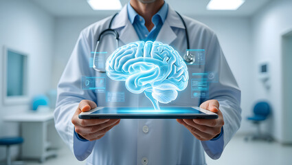 Doctor Holding Tablet Showing 3 D Brain Scan Medical Technology
