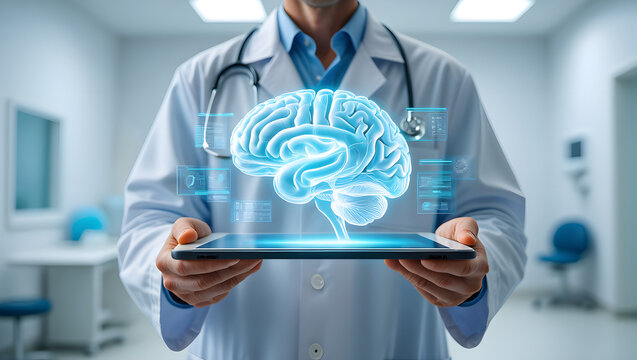 Doctor Holding Tablet Showing 3 D Brain Scan Medical Technology - Powered by Adobe