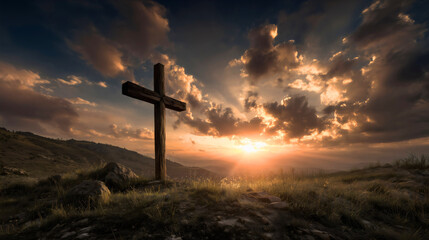 A dramatic silhouette of the cross stands on a hill, bathed in glowing sunrays piercing through dark storm clouds, symbolizing hope and divine triumph.
