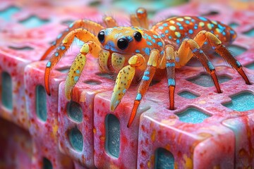 Colorful Spider on Pink and Blue Surface.