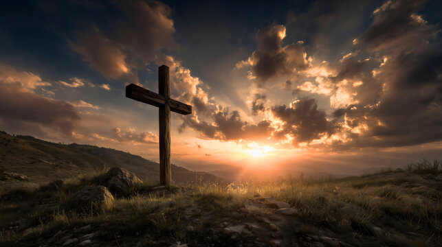 A dramatic silhouette of the cross stands on a hill, bathed in glowing sunrays piercing through dark storm clouds, symbolizing hope and divine triumph.